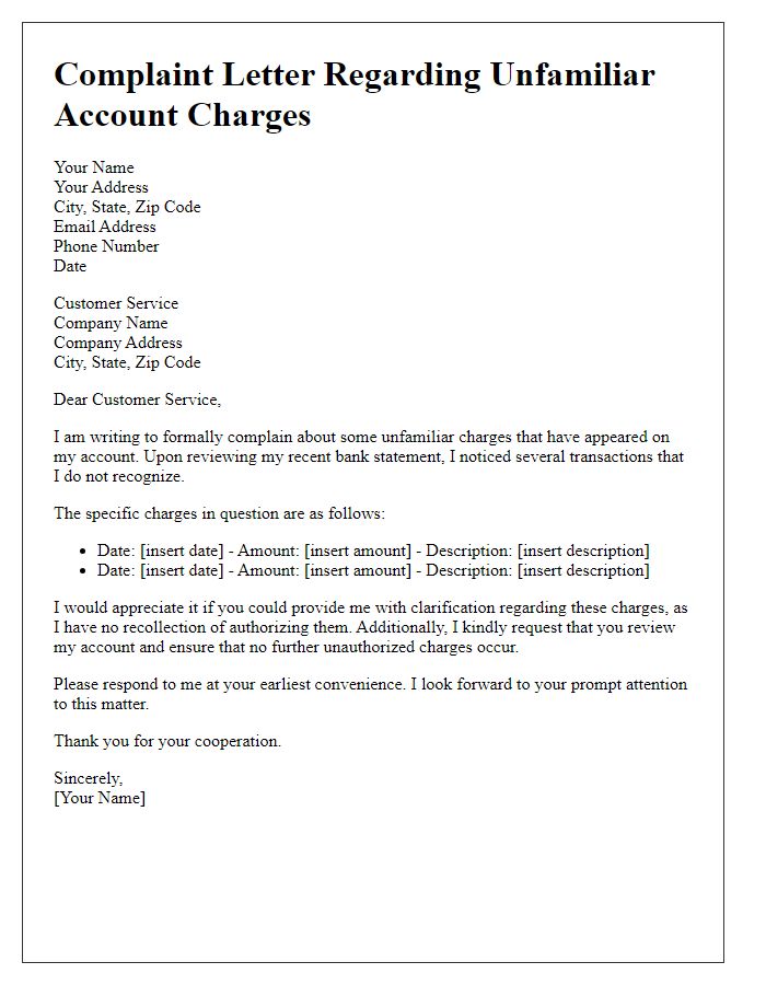 Letter template of complaint about unfamiliar account charges