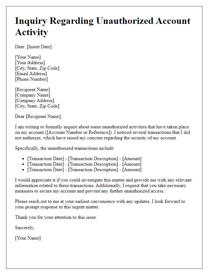 Letter template of inquiry regarding unauthorized account activity