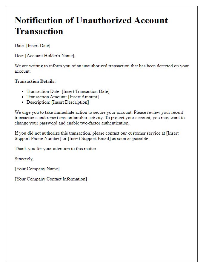 Letter template of notification for unauthorized account transaction