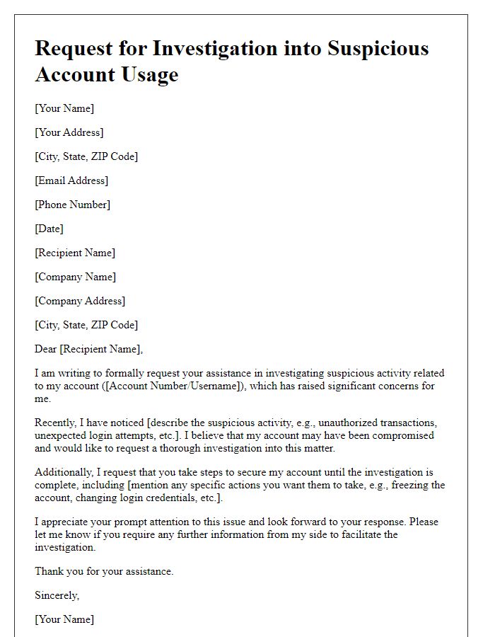 Letter template of request for investigation into suspicious account usage