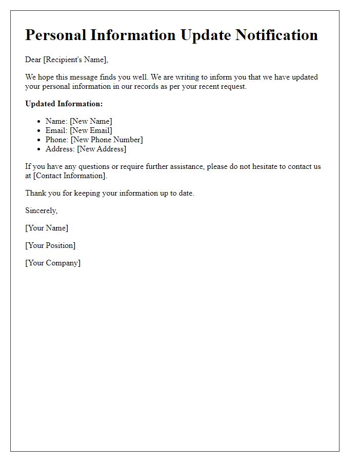 Letter template of Personal Information Update Notification