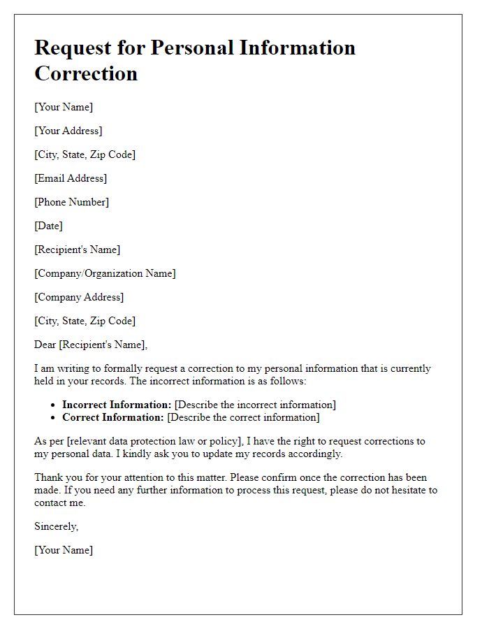 Letter template of Request for Personal Information Correction