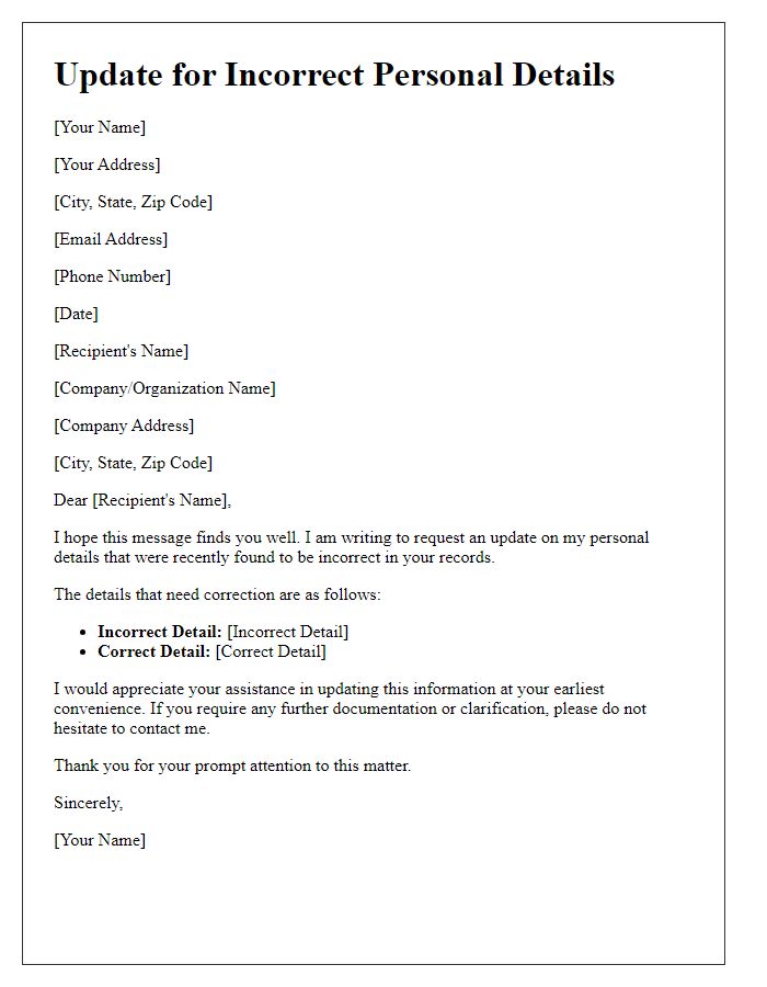 Letter template of Update for Incorrect Personal Details