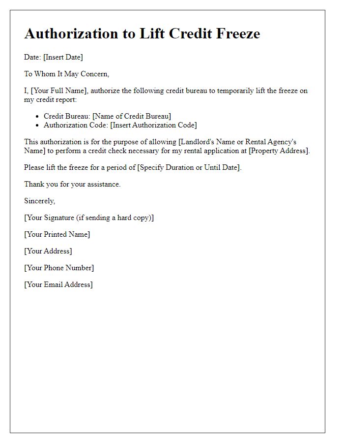 Letter template of authorization to lift credit freeze for rental approval.