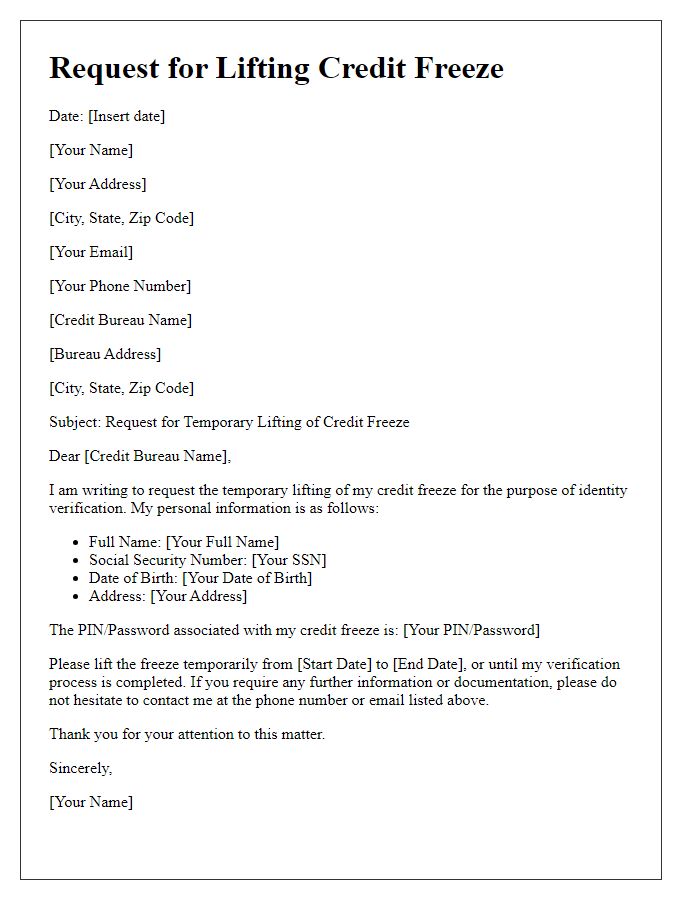 Letter template of release request for lifting credit freeze during identity verification.