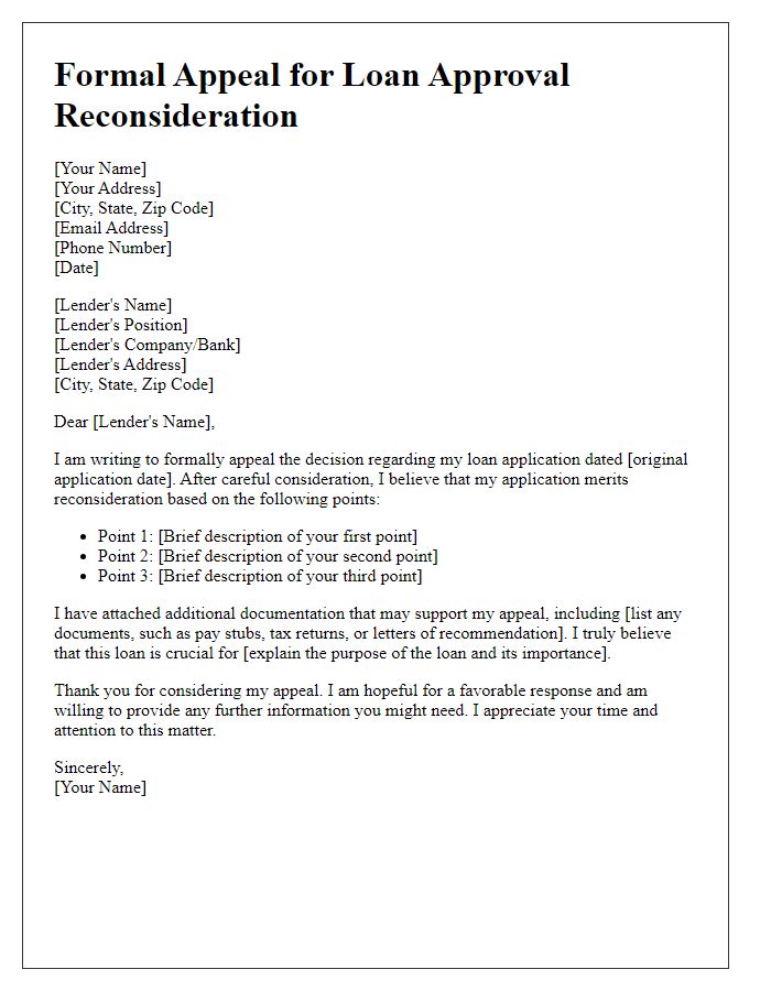 Letter template of formal appeal for loan approval reconsideration