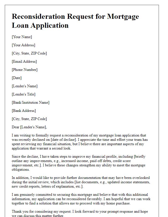 Letter template of reconsideration plea for mortgage loan application