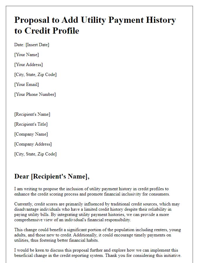 Letter template of Proposal to Add Utility Payment History to Credit Profile