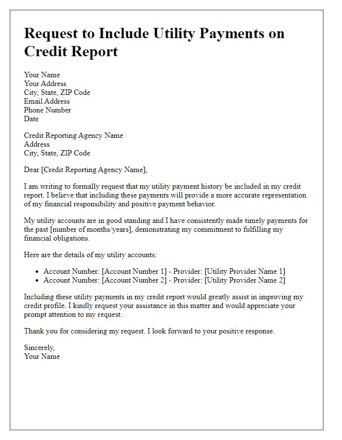 Letter template of Request to Include Utility Payments on Credit Report