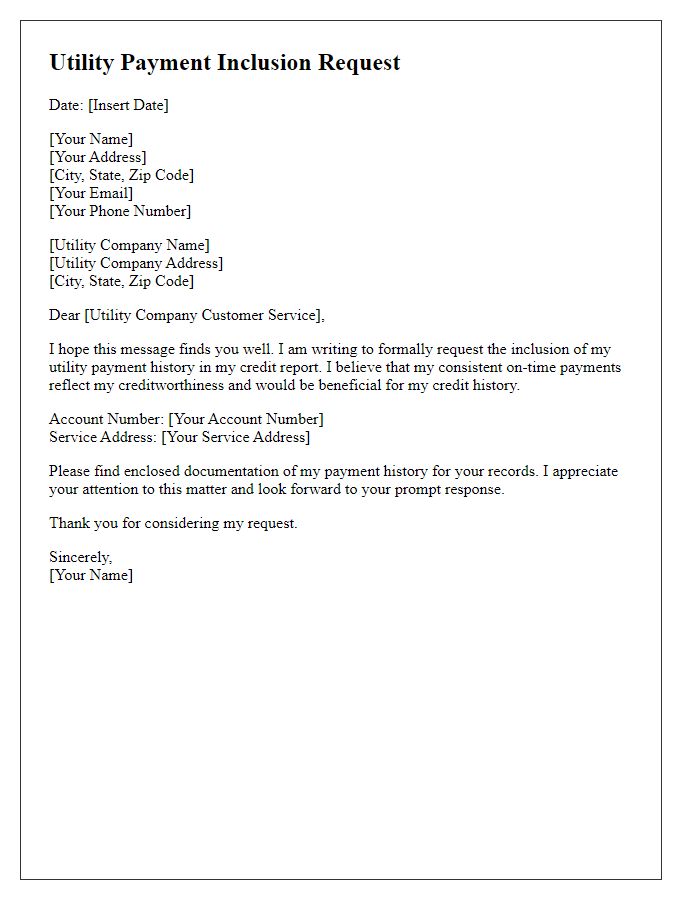 Letter template of Utility Payment Inclusion Request for Credit History