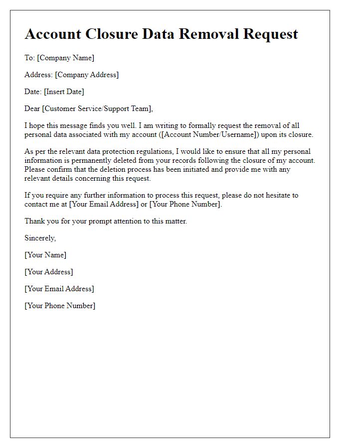 Letter template of account closure data removal submission