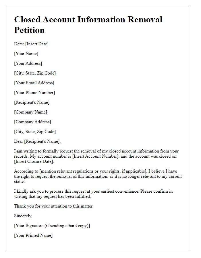 Letter template of closed account information removal petition