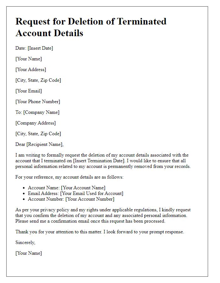 Letter template of request to delete terminated account details