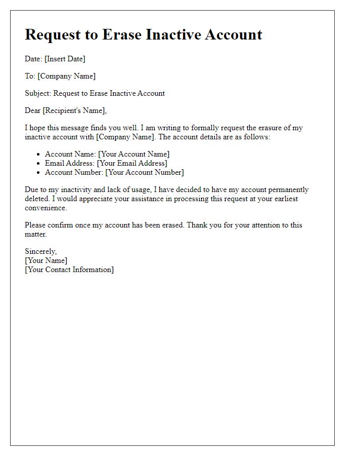 Letter template of request to erase inactive account