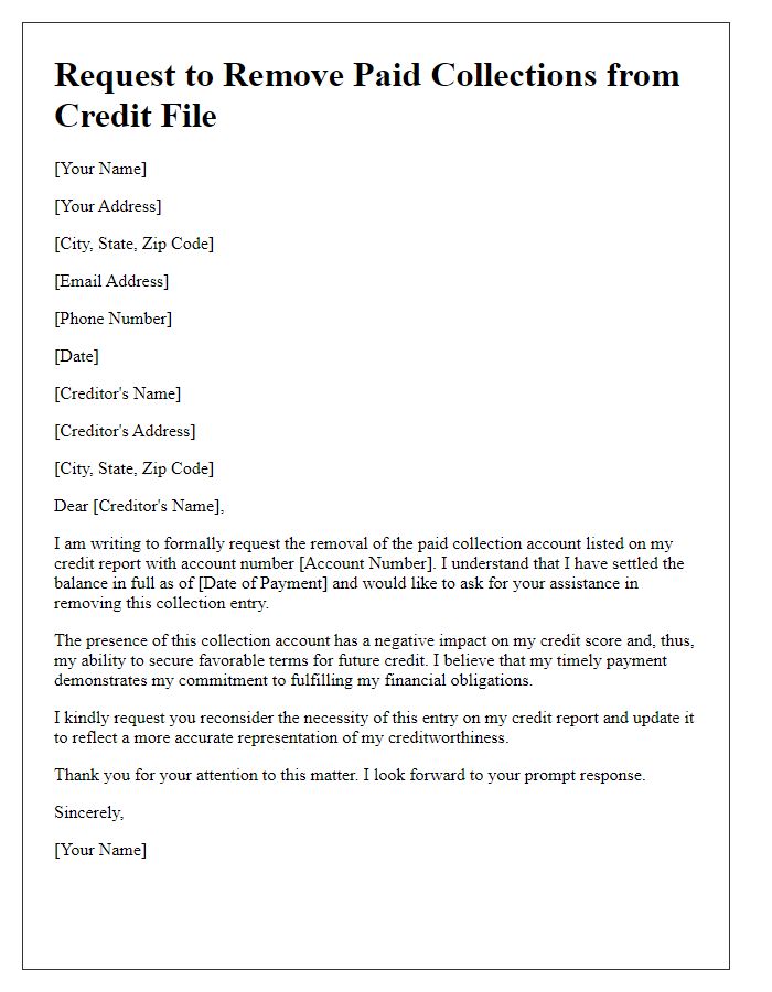 Letter template of formal request to remove paid collections from credit file