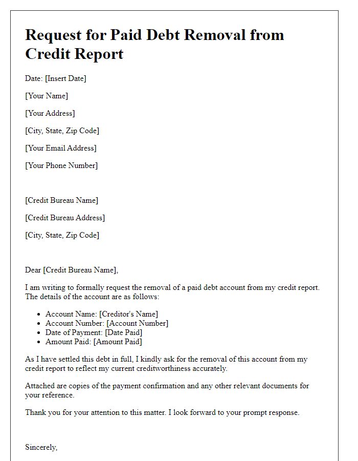 Letter template of request for paid debt removal from credit report