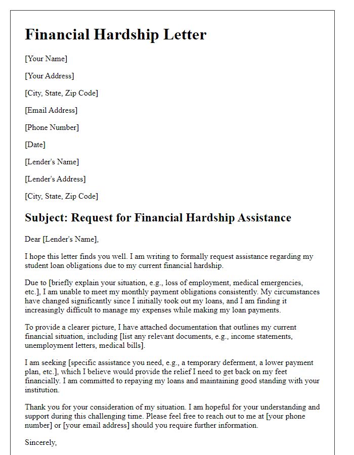 Letter template of financial hardship related to student loan obligations.