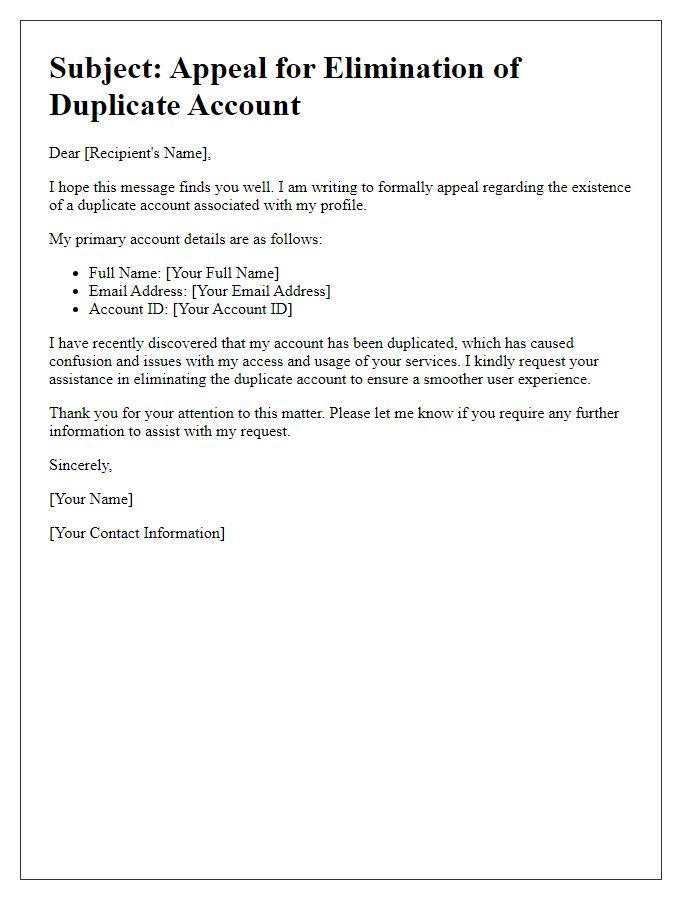 Letter template of appeal for elimination of duplicate account