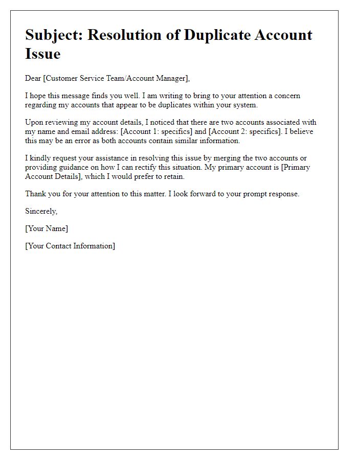 Letter template of communication for resolving duplicate account