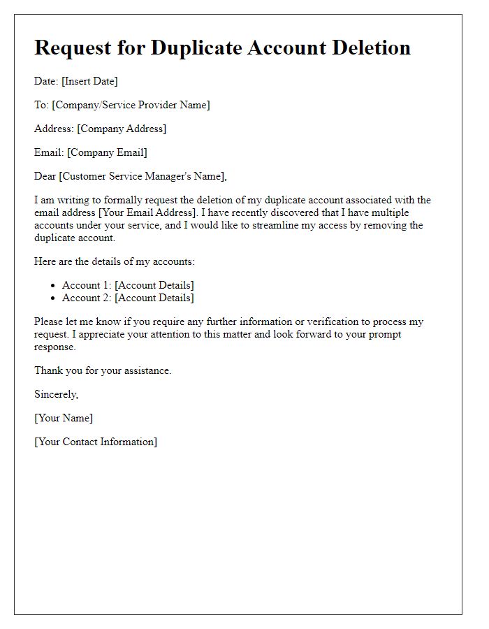 Letter template of request for duplicate account deletion