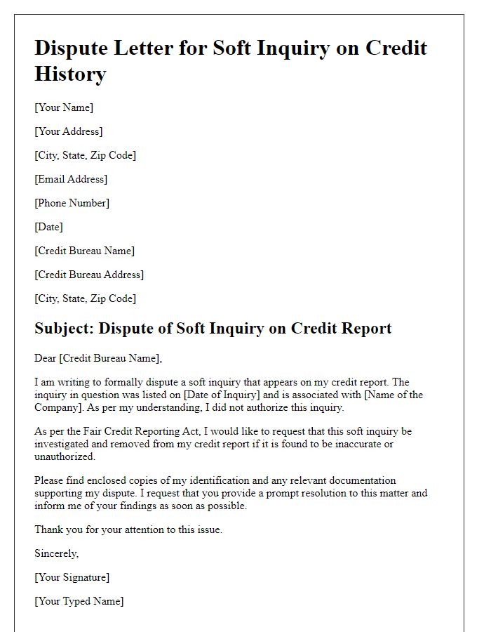 Letter template of dispute for soft inquiry on credit history