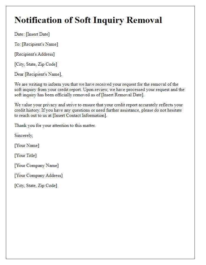 Letter template of notification for soft inquiry removal