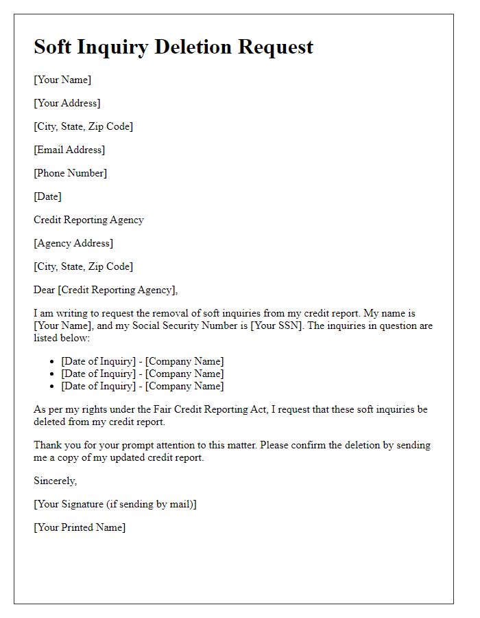 Letter template of soft inquiry deletion request for credit report