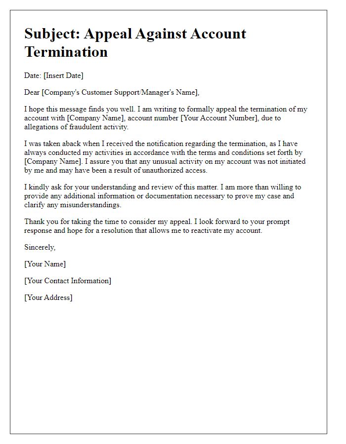 Letter template of appeal for account termination due to fraud