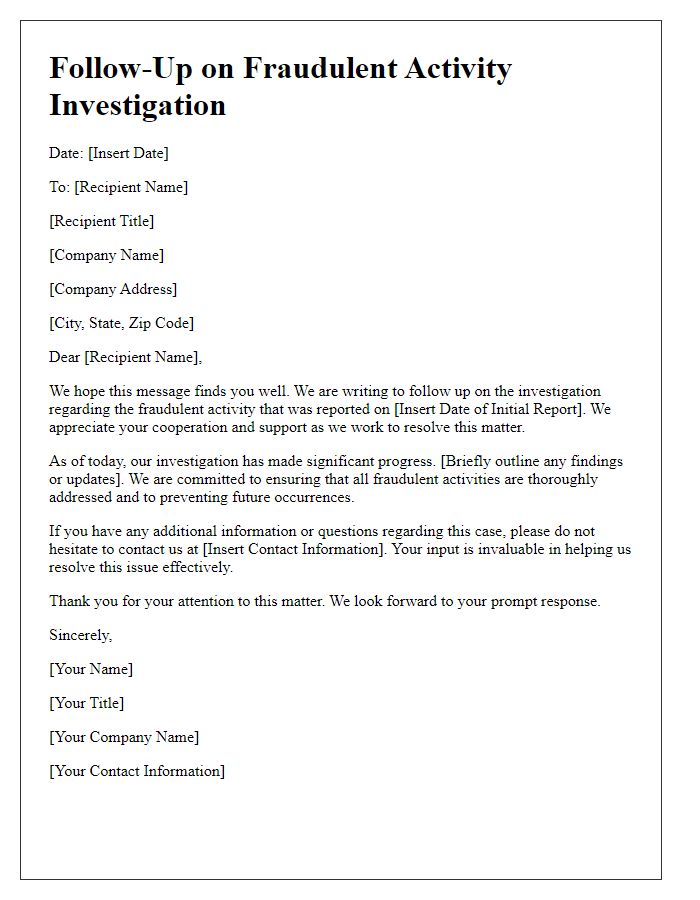 Letter template of follow-up on fraudulent activity investigation