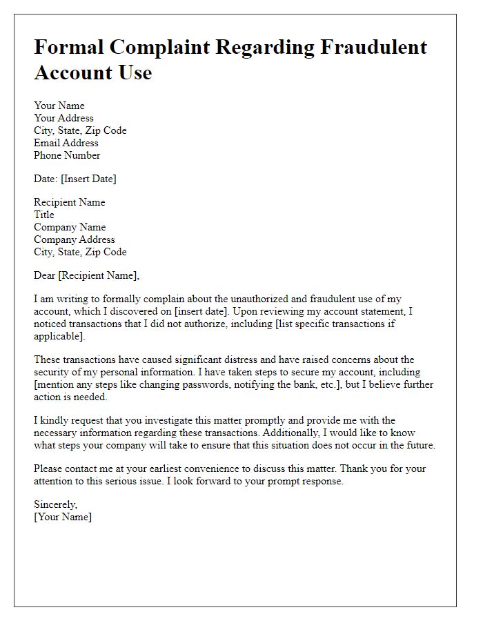 Letter template of formal complaint for fraudulent account use