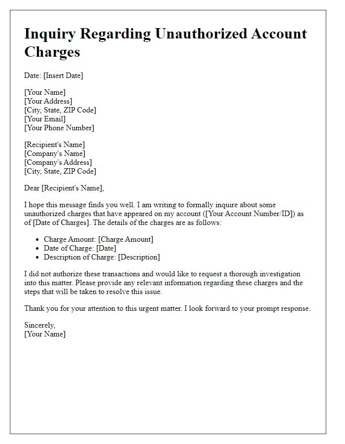 Letter template of inquiry regarding unauthorized account charges