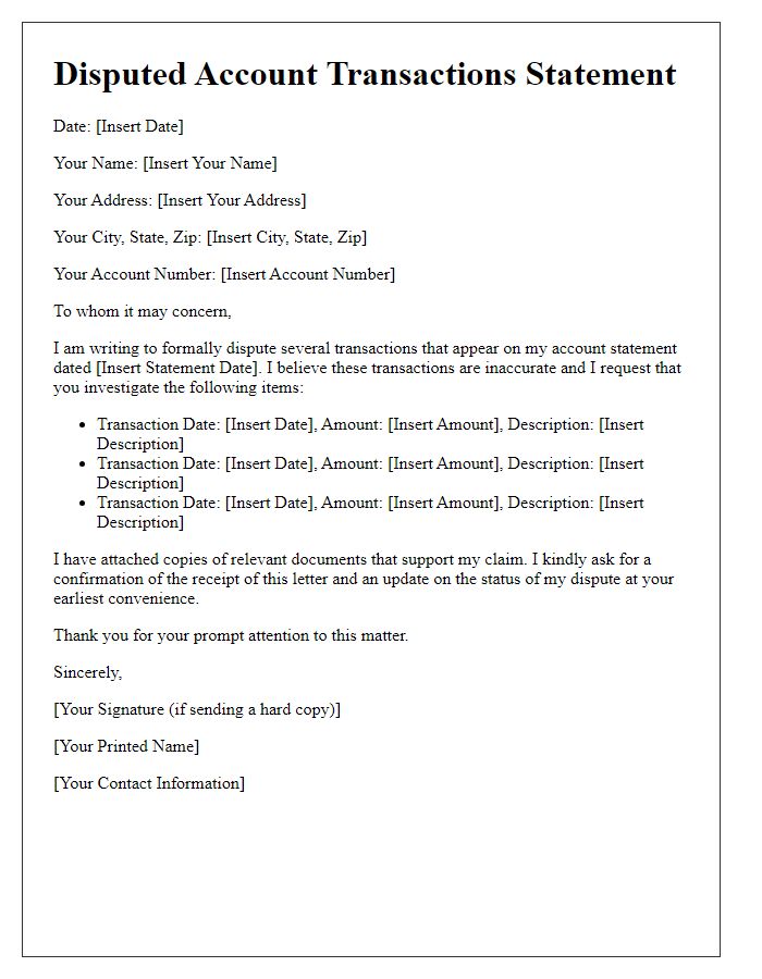 Letter template of statement for disputed account transactions