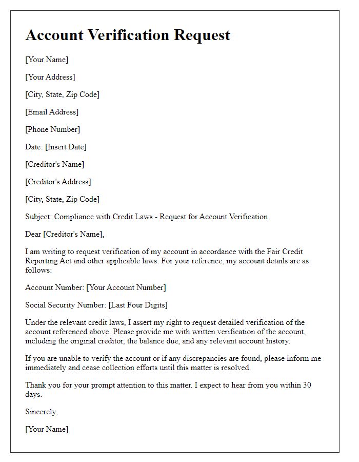 Letter template of compliance with credit laws request for account verification.