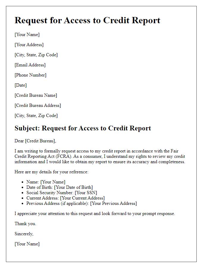 Letter template of compliance with credit laws request for credit report access.