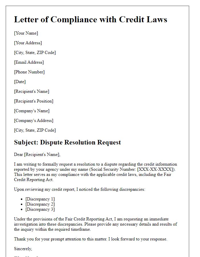 Letter template of compliance with credit laws request for dispute resolution.