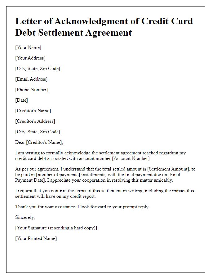 Letter template of acknowledgment of credit card debt settlement agreement