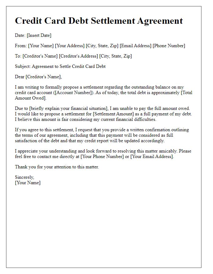 Letter template of agreement to settle credit card debt for less than owed