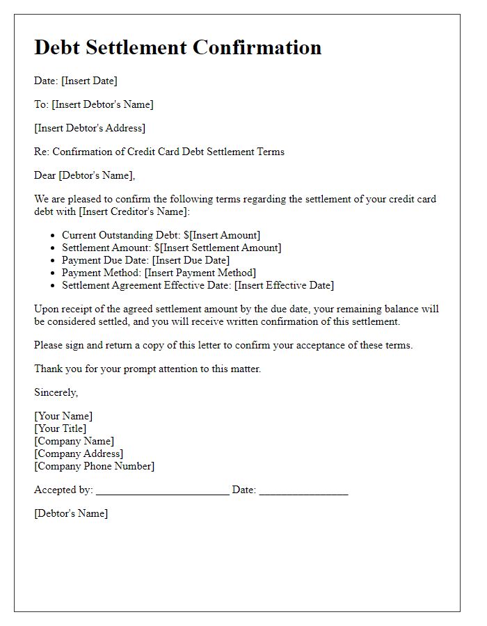 Letter template of confirmation for credit card debt settlement terms