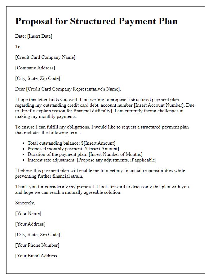 Letter template of proposal for a structured payment plan on credit card debt