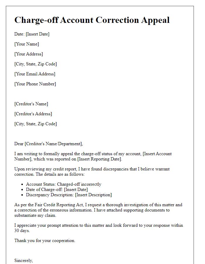 Letter template of charge-off account correction appeal