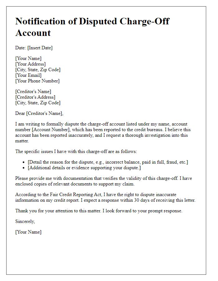 Letter template of disputed charge-off account notification