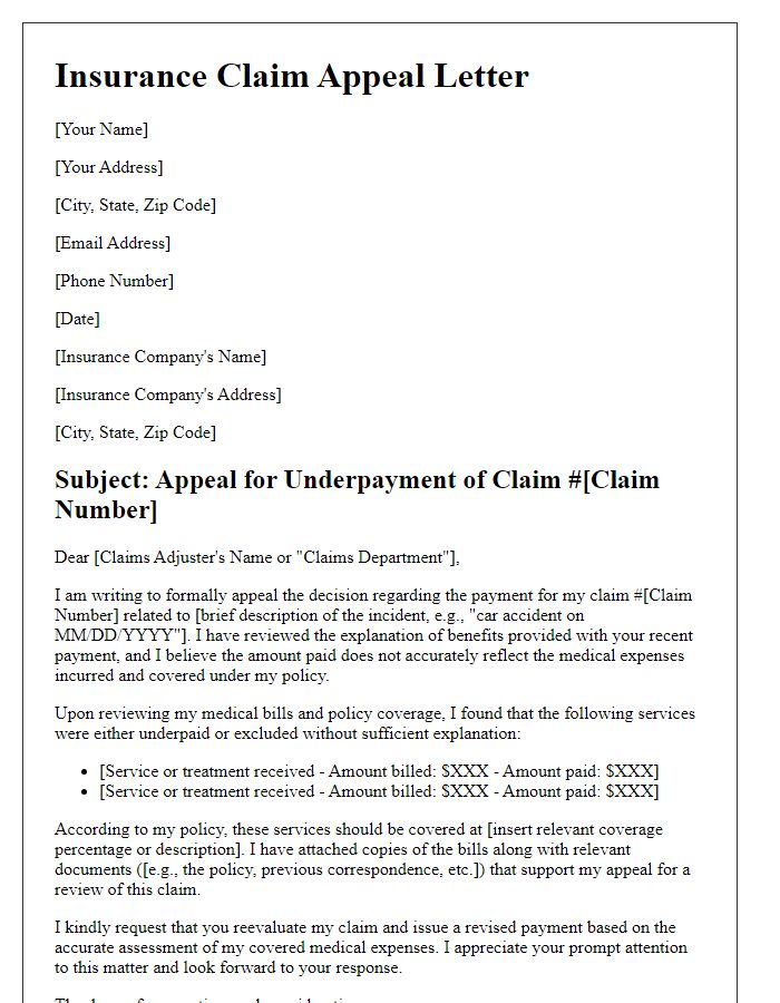 Letter template of insurance claim appeal for underpayment