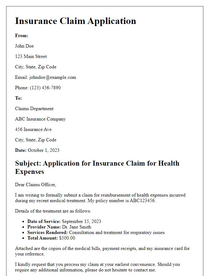 Letter template of insurance claim application for health expenses