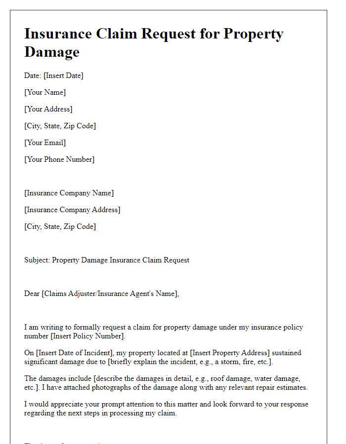 Letter template of insurance claim request for property damage