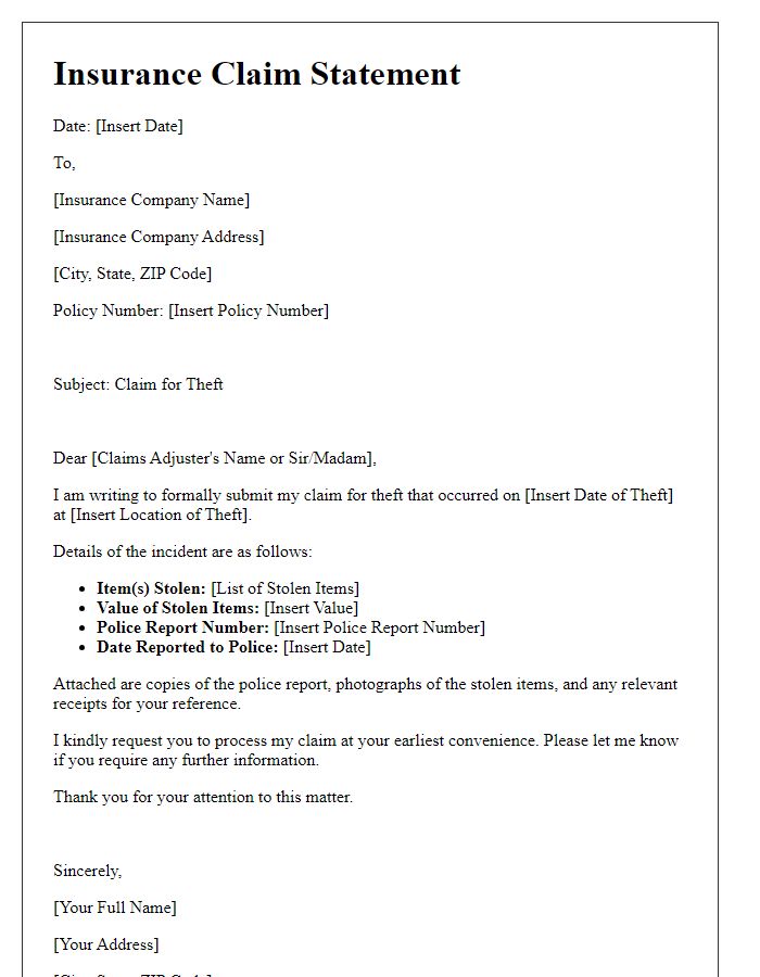 Letter template of insurance claim statement for theft