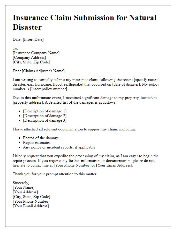 Letter template of insurance claim submission for natural disasters