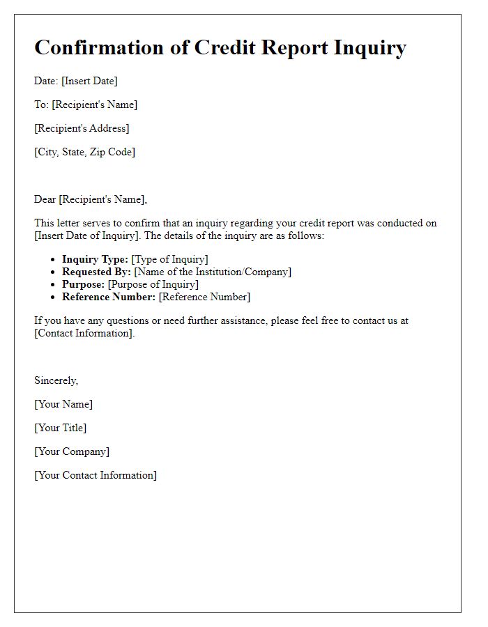 Letter template of Confirmation of Credit Report Inquiry Details