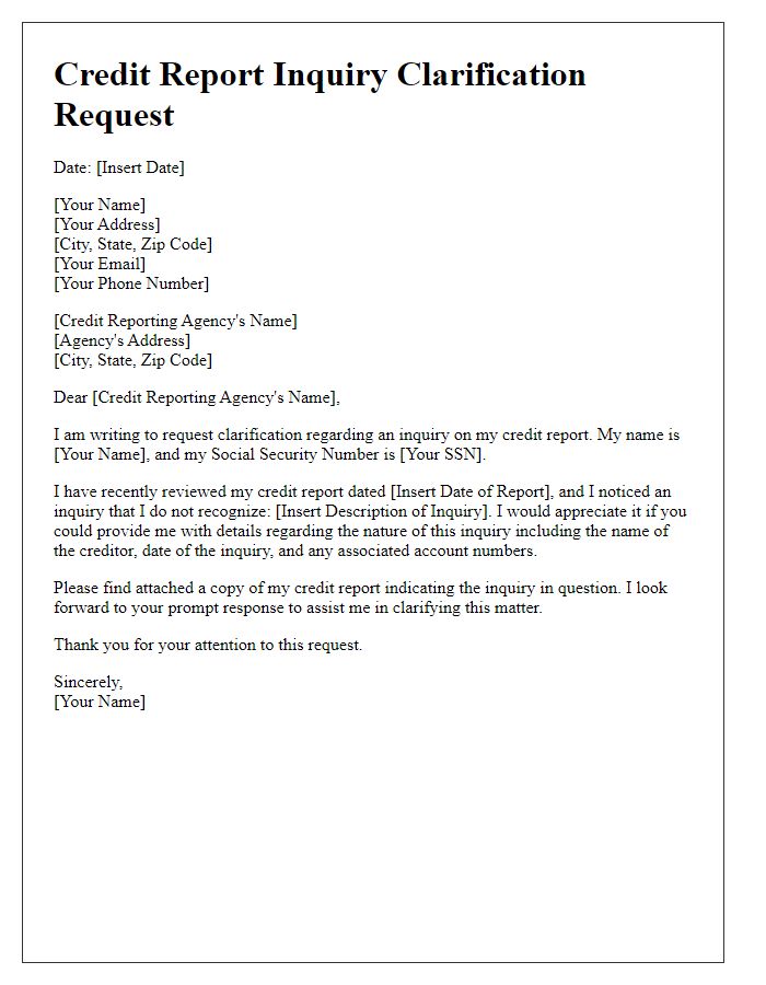 Letter template of Credit Report Inquiry Clarification Request