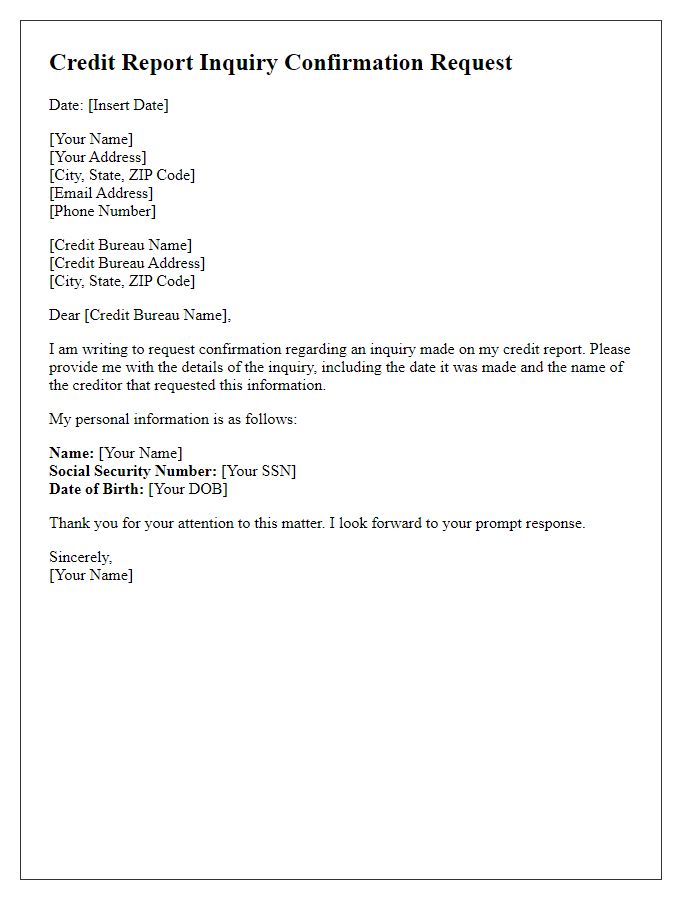 Letter template of Credit Report Inquiry Confirmation Request