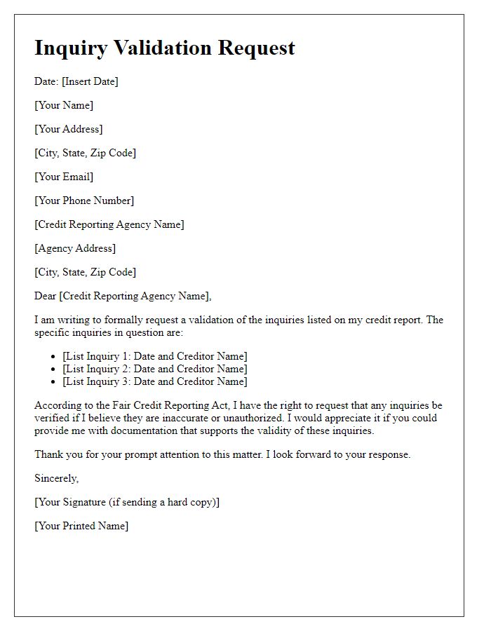 Letter template of Inquiry Validation Request for Credit Report